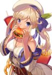  1girl belt beret blonde_hair blue_eyes breasts cleavage cucouroux_(granblue_fantasy) eating fingernails food french_fries granblue_fantasy hamburger hat medium_breasts panda_inu twintails 