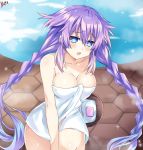 1girl arm_between_legs blue_eyes blush braid breasts bucket cleavage collarbone commentary english_commentary eyebrows_visible_through_hair hair_between_eyes highres lewdkuma long_hair looking_at_viewer medium_breasts naked_towel neptune_(series) onsen open_mouth power_symbol-shaped_pupils purple_hair purple_heart sitting soap solo sparkle towel twin_braids white_towel wooden_bucket 
