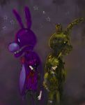  2015 absurd_res animal_humanoid animatronic anthro bonnie_(fnaf) button_(fastener) clothing duo five_nights_at_freddy&#039;s five_nights_at_freddy&#039;s_3 green_hair hair hi_res humanoid lagomorph lagomorph_humanoid larger_male leporid leporid_humanoid machine male mammal mammal_humanoid notched_ear purple_hair rabbit rabbit_humanoid ribbons robot scar sirmei size_difference smaller_male springtrap_(fnaf) teeth video_games white_eyes 