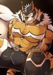  abs anthro arms_tied belt biceps bound bulge cape clothing felid feline hi_res live-a-hero male mammal mask moru_(artist) muscular muscular_anthro muscular_male pantherine pecs raiki restrained solo suit superhero tiger 