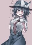  /\/\/\ 1girl absurdres bangs between_breasts black_hair black_headwear black_skirt blush bow breasts brown_background brown_eyes brown_neckwear collared_shirt eyebrows_visible_through_hair fang hands_on_own_chest hat hat_bow highres large_breasts murayo necktie necktie_between_breasts open_mouth popped_button shirt short_hair short_sleeves simple_background skirt solo sweat touhou usami_renko wardrobe_malfunction white_bow white_shirt 