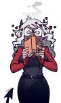  &gt;:( artist_name belt black_horns blush book demon_girl demon_horns demon_tail embarrassed glasses heart heart-shaped_pupils heart_belt helltaker holding holding_book horns kiyovero modeus_(helltaker) signature steaming_body symbol-shaped_pupils tail white_hair 