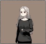  1girl black_shirt border brown_background closed_mouth cowboy_shot gogalking grey_hair highres jitome long_hair long_sleeves looking_at_viewer original red_eyes shirt simple_background solo standing white_border 