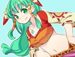  1girl breasts closed_mouth feena_(grandia) grandia grandia_i green_eyes green_hair hair_ornament hair_tubes jewelry laco_soregashi long_hair looking_at_viewer low-tied_long_hair midriff navel necklace simple_background skirt smile solo wide_sleeves 