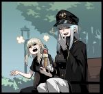  +++ 2girls :d =_= bench black_border black_cape black_headwear black_jacket black_ribbon blonde_hair border braid cape closed_eyes d: earrings french_braid gogalking grey_hair hair_ribbon hand_up hat highres holding ice_cream_cone jacket jewelry junior_(gogalking) laughing long_sleeves military_hat multiple_girls open_mouth ophelia_(gogalking) original outdoors pants ribbon sitting smile white_pants 