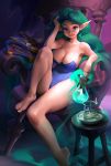  1girl absurdres bare_shoulders barefoot blue_leotard bo_xun_lin book breasts chair cleavage eyeball fang green_hair hand_on_head highres knee_up large_breasts leotard long_hair looking_at_viewer original pointy_ears potion red_eyes sitting smoke solo teeth tongue very_long_hair witch 