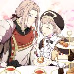  1boy 1girl black_gloves blonde_hair blue_eyes brother_and_sister chair closed_eyes closed_mouth cup earrings fire_emblem fire_emblem:_three_houses food fork gloves hat holding holding_fork holding_plate jeritza_von_hrym jewelry long_hair long_sleeves macaron mercedes_von_martritz open_mouth plate ponytail short_hair siblings teacup totototope 