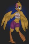  2015 2:3 2_toes absurd_res animatronic anthro avian beak bird blonde_hair blue_eyes bottomwear chicken clothing eyelashes feathered_wings feathers female five_nights_at_freddy&#039;s five_nights_at_freddy&#039;s_2 galliform gallus_(genus) hair hi_res highlights_(coloring) looking_up machine orange_body phasianid pink_hair robot shirt shorts solo standing the-purple-gremlin toes topwear toy_chica_(fnaf) video_games wings yellow_body yellow_feathers 