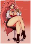  1girl amputee ankle_boots ashtray baiken bare_legs between_breasts big_hair black_skirt boots bra breasts chair cigarette cleavage coffee_mug collared_shirt commentary contemporary crossed_legs cup english_commentary eyebrows_visible_through_hair facial_tattoo full_body guilty_gear guilty_gear_xrd high-waist_skirt highres huge_breasts jitome long_hair mug office_chair office_lady one-eyed partially_unbuttoned pencil_skirt pink_eyes pink_hair platform_boots platform_footwear platform_heels randomboobguy red_bra see-through shirt sitting skirt smoke smoking solo stump_cover tattoo thick_thighs thighs toeless_boots toenails toes underwear very_long_hair wet wet_clothes wet_shirt white_shirt 