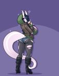  big_breasts bottomwear breasts clothing demon female fishnet hair hair_over_eye hi_res horn horned_humanoid hotpants huge_breasts humanoid limebreaker looking_at_viewer looking_back not_furry one_eye_obstructed purple_eyes shorts solo sweater topwear torn_clothing 