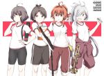  4girls ahoge arashi_(kantai_collection) asashimo_(kantai_collection) ayanami_(kantai_collection) bangs bike_shorts black_shorts blunt_bangs book brown_eyes brown_hair character_name commentary_request cowboy_shot flat_chest grey_eyes gym_uniform hair_over_one_eye instrument jumpsuit_around_waist kantai_collection kishinami_(kantai_collection) long_hair multiple_girls pants ponytail red_eyes red_hair red_jumpsuit red_pants sharp_teeth shirt short_hair shorts silver_hair souji t-shirt teeth track_pants trumpet two-tone_background wavy_hair white_background white_shirt 