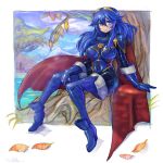  1girl blue_eyes blue_hair bodysuit breasts cape fire_emblem fire_emblem_awakening gloves highres large_breasts looking_to_the_side lucina_(fire_emblem) oomasa_teikoku sitting skin_tight smile solo 