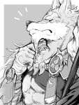  2020 3:4 abs anthro canid canine canis collar eyes_closed fur greyscale hand_wraps hi_res humanoid_hands law_(sdorica_sunset) mace magatama male mammal melee_weapon monochrome nao901 sdorica sdorica_sunset solo weapon wolf wraps 