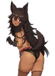  1girl animal_ears ass bikini blush bracelet breasts brown_hair cerberus_(houtengeki) dark_skin dog_ears dog_tail feet_out_of_frame fishnet_legwear fishnets from_behind fur_trim gloves highres houtengeki jewelry long_hair messy_hair open_mouth original red_eyes simple_background small_breasts solo spiked_bracelet spikes swimsuit tail thighs white_background 