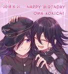  2boys black_cape black_hair black_headwear black_jacket cape character_name closed_eyes commentary_request danganronpa dated dual_persona english_text ewa_(seraphhuiyu) hair_over_one_eye hand_on_another&#039;s_head happy_birthday hat jacket long_sleeves looking_at_another lower_teeth male_focus medium_hair multicolored_hair multiple_boys new_danganronpa_v3 open_mouth ouma_kokichi purple_hair sideways_glance smile straitjacket two-tone_hair upper_body white_jacket 