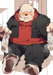  0119_muu 2020 anthro black_nose blush bottomwear bulge clothing feet hoodie kemono male mammal musk overweight overweight_anthro overweight_male pants solo topwear ursid 