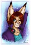  anthro ariveil blue_eyes brown_body brown_fur brown_hair clothing felid feline fur hair headphones hi_res lynx male mammal multicolored_body multicolored_fur one_eye_closed open_mouth open_smile simple_background smile solo teeth two_tone_body two_tone_fur 