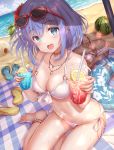  1girl :d anklet aqua_eyes barefoot basket beach bikini blanket blue_eyes breasts cleavage collarbone cup day disposable_cup drink drinking_straw dutch_angle eyewear_on_head fingernails flip-flops floral_print flower food fruit hair_flower hair_ornament heart heart_necklace hibiscus hirokazu_(analysis-depth) holding holding_cup incoming_drink innertube jewelry lace_trim leaf lemon lemon_slice looking_at_viewer misora_(princess_connect!) necklace o-ring ocean open_mouth outdoors pendant picnic_basket plaid pole princess_connect! princess_connect!_re:dive print_bikini purple_hair red-framed_eyewear red_flower revision sand_castle sand_sculpture sandals shoes_removed short_hair side-tie_bikini sitting sky smile solo string_bikini sunglasses swimsuit watermelon wet white_bikini yokozuwari 