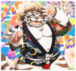  2020 anthro blue_eyes bulge clothing felid fur happi_(clothing) humanoid_hands kemono licho_(tas) male mammal one_eye_closed overweight overweight_anthro overweight_male pantherine rossciaco solo tiger tokyo_afterschool_summoners underwear video_games white_body white_fur wink 