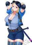  1girl adjusting_hair arms_behind_head arms_up baseball_cap belt blonde_hair blue_belt blue_eyes blue_headwear blue_jacket blue_legwear blue_shirt breasts brown_belt collarbone collared_shirt cowboy_shot elbow_pads eyewear_on_headwear hat highres jacket large_breasts lucia_morgan mouth_hold police police_badge police_uniform policewoman shirofugu shirt short_sleeves solo standing street_fighter street_fighter_v striped striped_legwear thighhighs uniform vertical-striped_legwear vertical_stripes 