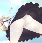  1girl ass ass_focus bangs barbara_(genshin_impact) blonde_hair blue_eyes blue_sky capelet cloud dress drill_hair frilled_dress frilled_skirt frills from_behind from_below genshin_impact grey_hair hair_ornament hair_over_one_eye hair_over_shoulder half-closed_eye highres long_sleeves looking_at_viewer looking_down panties panties_under_pantyhose pantyhose pantylines print_legwear shionji_ax simple_background skirt sky solo standing thighband_pantyhose twin_drills twintails underwear upskirt white_capelet white_dress white_legwear wind wind_lift 