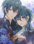  1boy 1girl bangs black_jacket blue_eyes blue_flower byleth_(fire_emblem) byleth_(fire_emblem)_(female) byleth_(fire_emblem)_(male) closed_mouth commentary_request eyebrows_visible_through_hair fire_emblem fire_emblem:_three_houses flower green_hair hair_between_eyes highres jacket long_hair looking_at_viewer matsurika_youko parted_lips petals smile upper_body 