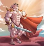  2019 4_toes 5_fingers absurd_res anklet anthro armor big_muscles black_claws black_nose brown_eyes canid canine canis cape claws clothing fingers full-length_portrait fur hi_res humanoid_hands jewelry looking_at_viewer love_sushi male mammal melee_weapon muscular muscular_anthro muscular_male pauldron plantigrade portrait solo standing sword toes underwear vambraces warrior weapon white_body white_fur wolf 