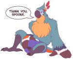  alpha_channel anthro avian bird blue_body blue_feathers breath_of_the_wild calm crotch_grab dialogue diaper feathers fluffy grope kass_(tloz) male mathewmii nintendo parrot relaxing rito sitting solo the_legend_of_zelda video_games yellow_body yellow_feathers 