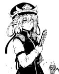  2girls arm_ribbon closed_mouth expressionless formicid frilled_hat frills greyscale hair_between_eyes hat hat_ribbon heart korean_commentary long_sleeves looking_at_viewer medium_hair monochrome multiple_girls oekaki onozuka_komachi ribbon rod_of_remorse scythe shiki_eiki sidelocks solo_focus touhou uncolored 