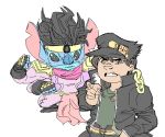  5_fingers alien angry black_eyes black_hair blue_body blue_nose brown_eyes clothed clothing cosplay crossdressing digital_media_(artwork) disney duo experiment_(lilo_and_stitch) female fingerless_gloves fingers gesture gloves hair handwear hat headgear headwear human jacket jojo&#039;s_bizarre_adventure jotaro_kujo leather leather_jacket lilo_and_stitch lilo_pelekai looking_at_viewer male mammal meme multi_arm multi_limb neckerchief notched_ear pointing pointing_at_viewer simple_background star_platinum stitch_(lilo_and_stitch) topwear unknown_artist white_background 