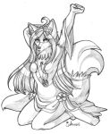  anthro ariveil breasts canid canine clothed clothing collar female fluffy fluffy_tail fox fur hair hi_res kneeling mammal monochrome multi_tail simple_background solo white_background 