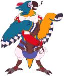 alpha_channel anthro avian bird blue_body blue_feathers breath_of_the_wild diaper eyes_closed feathers hi_res kass_(tloz) male mathewmii nintendo parrot rito scarf singing solo the_legend_of_zelda video_games wings yellow_body yellow_feathers 