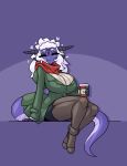  &lt;3 anthro big_breasts breasts cleavage clothed clothing dragon eyes_closed female fully_clothed hi_res horn limebreaker looking_at_viewer octavia_(limebreaker) purple_body purple_skin scarf solo sweater topwear 