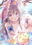  1girl bikini bird bonnet breasts bug butterfly chick cleavage flower grey_hair hoshino_koucha insect large_breasts long_hair looking_at_viewer lying navel on_side original pink_bikini purple_eyes smile solo swimsuit thighs water 