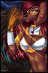  anthro ariveil bird_dog breasts brown_body brown_fur canid canine canis clothed clothing detailed_background domestic_dog ear_piercing electricity eyewear female fur gem glasses hair hi_res hunting_dog mammal partially_clothed piercing red_hair retriever smile solo yellow_eyes 