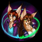  anthro ariveil blue_eyes breasts brown_body brown_fur brown_hair claws clothed clothing duo felid feline female fur hair headphones hi_res lynx male mammal multicolored_body multicolored_fur simple_background smile teeth two_tone_body two_tone_fur yellow_eyes 