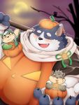  2020 3:4 anthro canid canine canis clothed clothing domestic_dog eyes_closed food fruit fur green_body green_fur group halloween harima holidays kemono live-a-hero male mammal mokdai moon moritaka night noichi_53 overweight overweight_male plant pumpkin scar tamacolle tokyo_afterschool_summoners video_games 