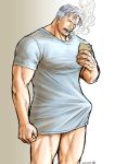  1boy bara blue_shirt bulge cigar erection erection_under_clothes facial_hair head_tilt kokorozashi male_focus manly muscle naked_shirt one_piece self_shot shirt short_hair short_sleeves smoke smoker_(one_piece) smoking solo stitches stubble thighs veins 