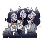  3girls alternate_costume animal_ears armband artist_name black_gloves black_hair blue_eyes cerberus_(helltaker) cross dog_ears fatigues gloves gold_trim halo helltaker kiyovero looking_at_viewer military military_uniform multiple_girls official_style shirt uniform white_shirt 