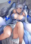  1girl animal_ear_fluff animal_ears arms_behind_head arms_up azur_lane bangs bare_shoulders blue_butterfly blue_dress blue_eyes blush breasts bug butterfly cleavage dress eyebrows_visible_through_hair feather_boa fox_ears insect kitsune knee_up large_breasts long_hair looking_at_viewer lying mokyumokyuchan on_back shinano_(azur_lane) shinano_(light_of_the_hazy_moon)_(azur_lane) silver_hair smile solo very_long_hair 