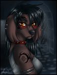  anthro ariveil black_border black_hair border breasts brown_body brown_fur canid canine canis clothed clothing detailed_background domestic_dog ear_piercing ear_ring eyewear female fur glasses hair mammal piercing solo tattoo yellow_eyes 
