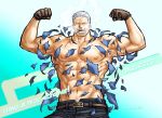  1boy abs bara bare_chest belt brown_gloves chest cigar denim english_text exploding_clothes facial_hair flexing gloves gradient gradient_background jeans kokorozashi male_focus manly muscle navel navel_hair nipples one_piece pants pose scar short_hair simple_background smoker_(one_piece) smoking solo stitches stubble wardrobe_malfunction 