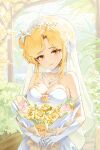  1girl absurdres bare_shoulders black_survival blonde_hair breasts bridal_gauntlets bridal_veil character_name choker cleavage closed_mouth collarbone commentary_request dress english_commentary eternal_return:_black_survival flower gem hair_flower hair_ornament highres jewelry korean_commentary lace lace-trimmed_veil lace_choker lace_trim mixed-language_commentary necklace seasalt_flavour smile solo tia_(black_survival) veil wedding_dress white_bridal_gauntlets white_dress yellow_eyes yellow_flower yellow_gem 