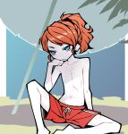  1girl akableak arm_freckles beach blue_eyes body_freckles breast_freckles charlotte_(akableak) chest_freckles closed_mouth commentary crossdressing crossdressing_(ftm) english_commentary exhibitionism flat_chest freckles full_body head_on_hand head_rest highres long_hair looking_afar male_swimwear male_swimwear_challenge navel nipples orange_hair original outdoors parasol ponytail public_indecency red_male_swimwear ribs shadow shorts sky solo swim_trunks thigh_freckles tomboy topless_female umbrella 