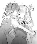  2girls 4ding after_kiss blush braid braided_twintails collared_shirt commentary dress greyscale highres long_hair love_live! love_live!_superstar!! monochrome multiple_girls neck_ribbon nose_blush onitsuka_tomari open_mouth pinafore_dress ribbon saliva saliva_trail school_uniform shirt short_sleeves simple_background sleeveless sleeveless_dress speech_bubble summer_uniform translation_request wavy_hair white_background wien_margarete yuigaoka_school_uniform yuri 