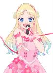  1girl 6th_live_dream_~bloom_garden_party~ :d bare_shoulders blonde_hair blue_eyes blue_hair commentary_request dress fang finger_bow finger_ribbon flower-shaped_hair flower_stand_art gradient_hair highres hisaka holding holding_microphone ima_kako_mirai_no_sangenshoku looking_at_viewer love_live! love_live!_hasu_no_sora_jogakuin_school_idol_club microphone multicolored_hair off-shoulder_dress off_shoulder open_mouth osawa_rurino pink_dress pink_ribbon ribbon simple_background skin_fang smile solo white_background 