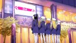  4ding 5girls arashi_chisato black_hair blonde_hair blue_bow blue_coat bow canon_event coat commentary defeat double_bun facing_away from_behind grey_hair hair_bow hair_bun hat hat_ornament hazuki_ren heanna_sumire high_ponytail highres hood hooded_coat liella!_first_generation long_hair love_live! love_live!_superstar!! multiple_girls orange_hair outdoors pantyhose ponytail shibuya_kanon short_hair star_(symbol) star_hat_ornament starlight_prologue straight_hair tang_keke twintails white_hair white_hat white_pantyhose 