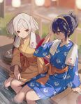  2girls absurdres bath_yukata blue_eyes blue_hair blue_kimono breasts brown_eyes closed_mouth female_robin_(fire_emblem) female_robin_(onsen_tactician)_(fire_emblem) fire_emblem fire_emblem_awakening fire_emblem_cipher fire_emblem_heroes hair_between_eyes hair_bun hair_rings haru_(nakajou-28) highres japanese_clothes kimono long_hair long_sleeves lucina_(fire_emblem) lucina_(hot-spring_scramble)_(fire_emblem) medium_hair multiple_girls obi official_alternate_costume official_alternate_hairstyle onsen rubber_duck sash single_hair_bun sitting small_breasts symbol-shaped_pupils tiara towel towel_around_neck white_hair yellow_kimono yukata 