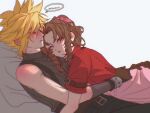  ... 1boy 1girl aerith_gainsborough arm_belt arms_around_another's_waist belt black_pants blonde_hair blush braid braided_ponytail brown_belt brown_gloves brown_hair closed_mouth cloud_strife commentary couple cropped_jacket cuddling dress final_fantasy final_fantasy_vii final_fantasy_vii_remake gloves grey_shirt hair_between_eyes hair_ribbon hetero highres jacket long_hair multiple_belts pants parted_bangs parted_lips pillow pink_dress pink_ribbon poffg_7 red_jacket ribbed_shirt ribbon sequential shirt short_hair short_sleeves sidelocks single_bare_shoulder single_braid sleeveless sleeveless_turtleneck spiked_hair spoken_ellipsis suspenders sweat turtleneck untranslatable_commentary white_background 