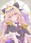  1girl ahoge black_dress black_ribbon blonde_hair capelet commentary_request cure_arcana_shadow diamond_hairband dress earrings gradient_hair hair_between_eyes hair_intakes hair_ribbon highres jewelry long_hair looking_at_another magical_girl meitantei_precure! moria_luluka multicolored_hair neck_ribbon pink_eyes pink_hair precure purple_ribbon ribbon solo two-tone_hair upper_body window yoizuki_mashiro 